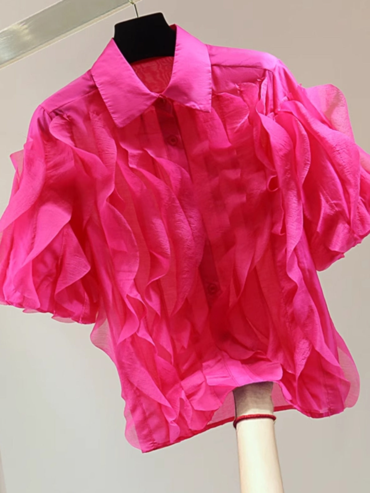 Bohemian Rose Peter Pan Collar Ruffled Patchwork Chiffon Top Long Sleeve FA315