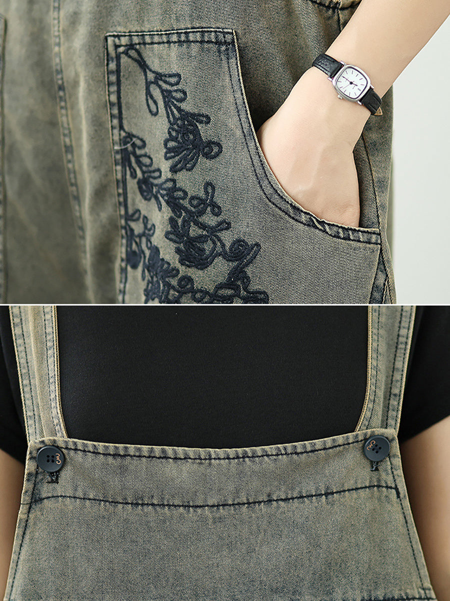 Lange Overalls Frauen Blume Stickerei Denim Sommer