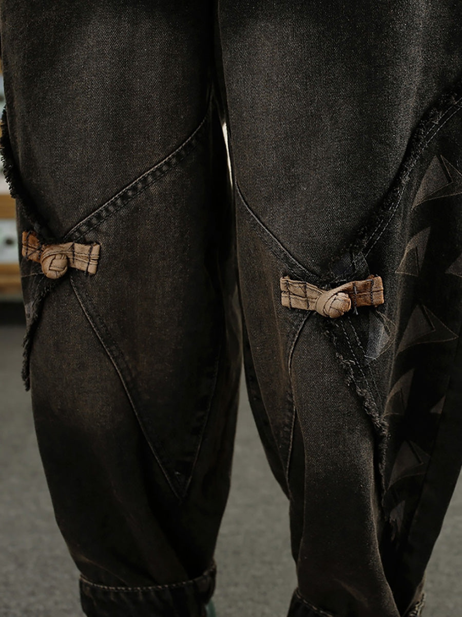 Damen Herbst Patch Gespleißt Washed Denim Haremshose AI1052