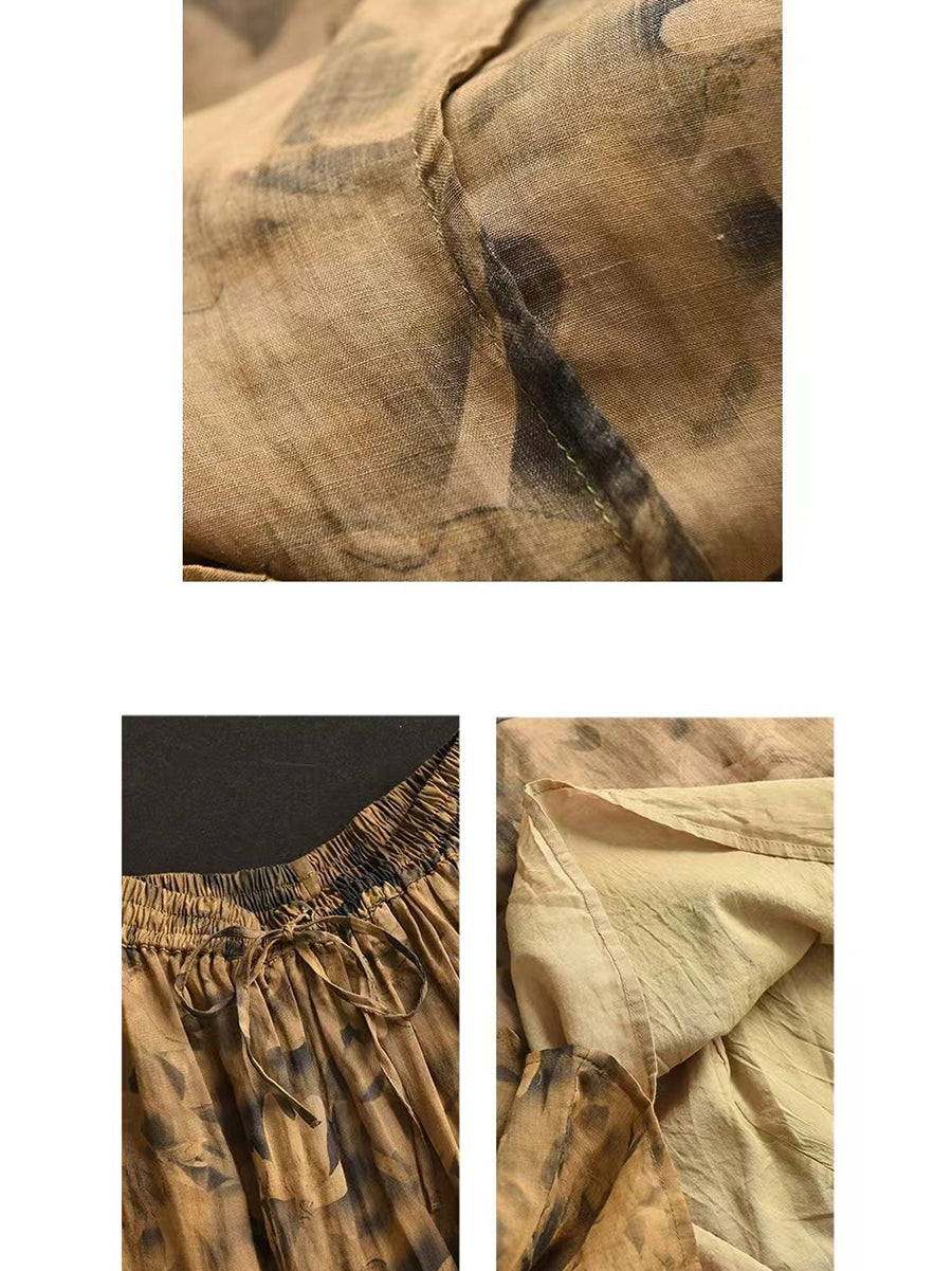 Women Vintage Summer Flower Ramie Loose Skirt QW1006