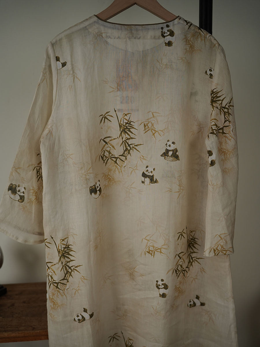 Women Ethnic Summer Bamboo Panda Print Linen Dress XX1055