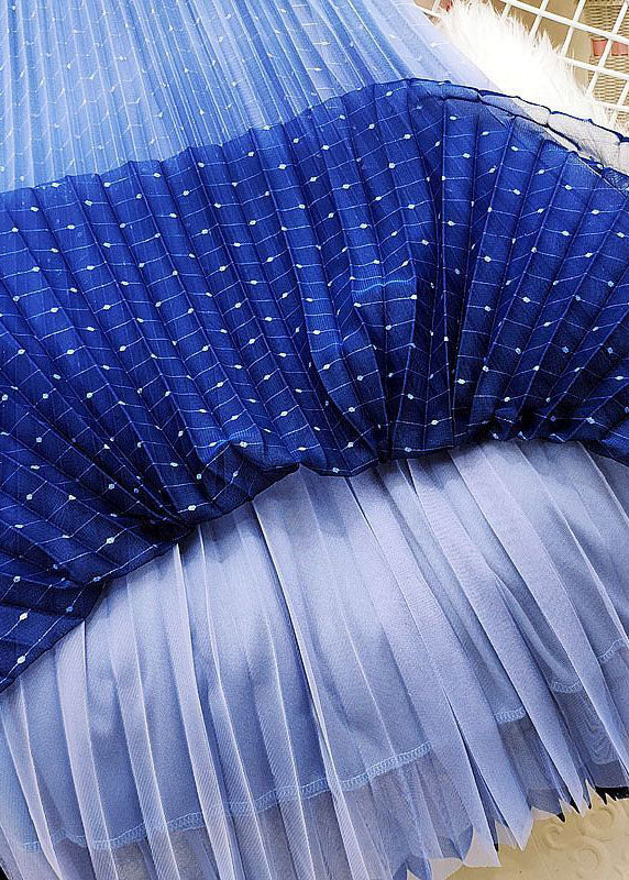 Frauen Blau Elastische Taille Pailletten Farbverlauf Tüll Plissee Rock Frühling AJ1003