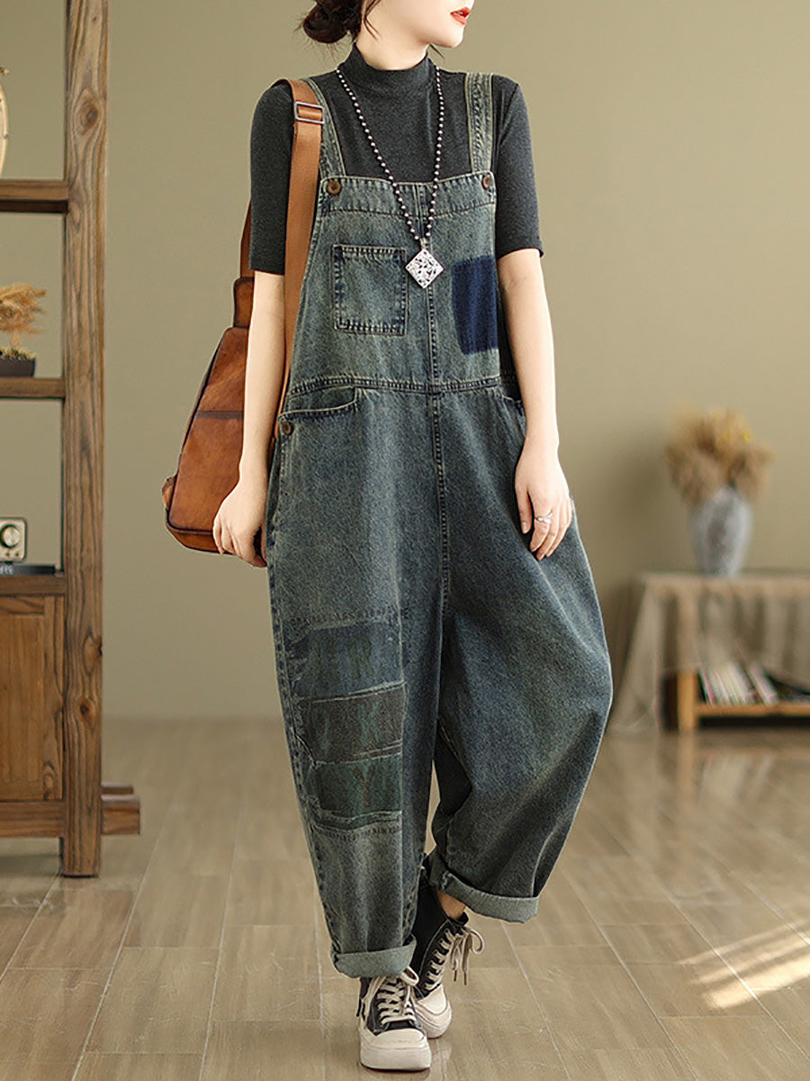 Damen Retro Patchwork Lose gewaschene Denim-Overalls AH1080