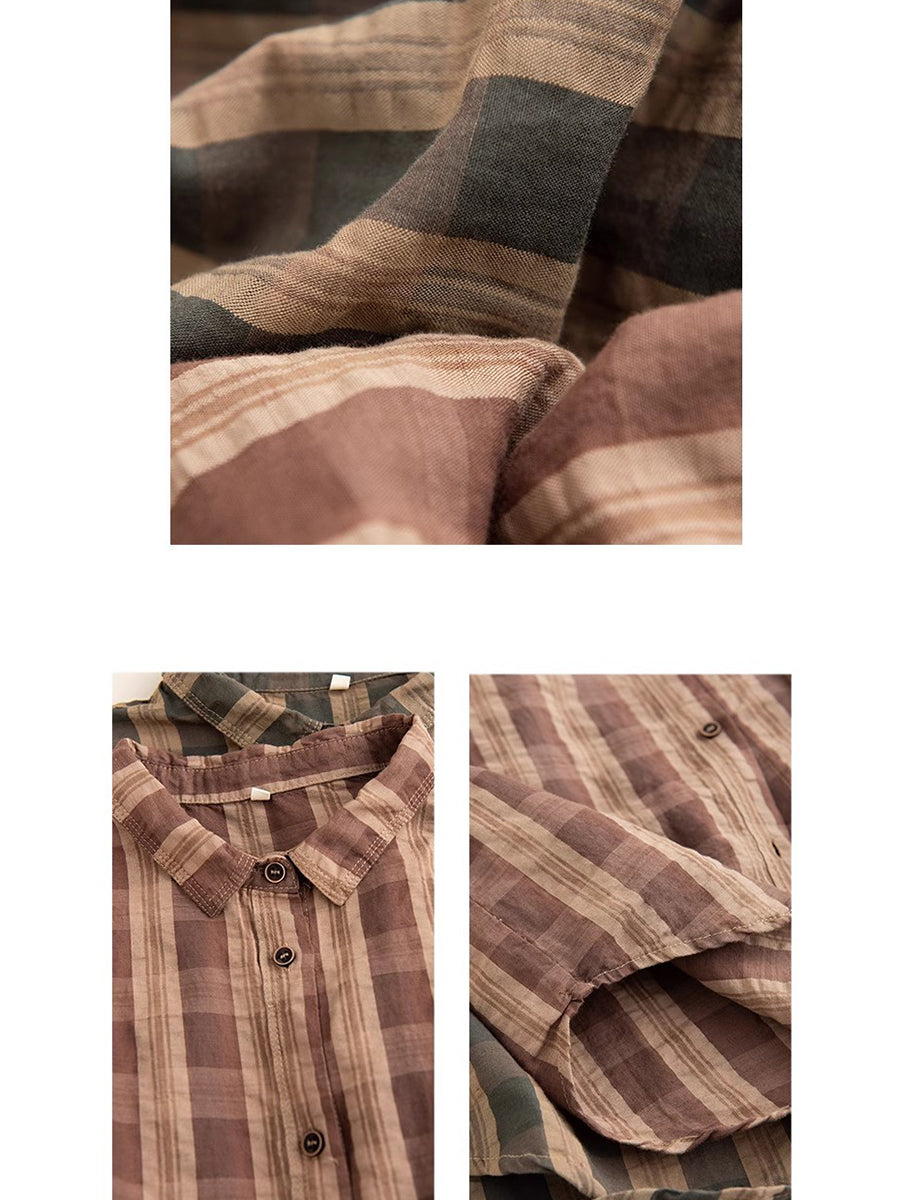 Damen Herbst Vintage Plaid Button-up Leinen Bluse AT1038