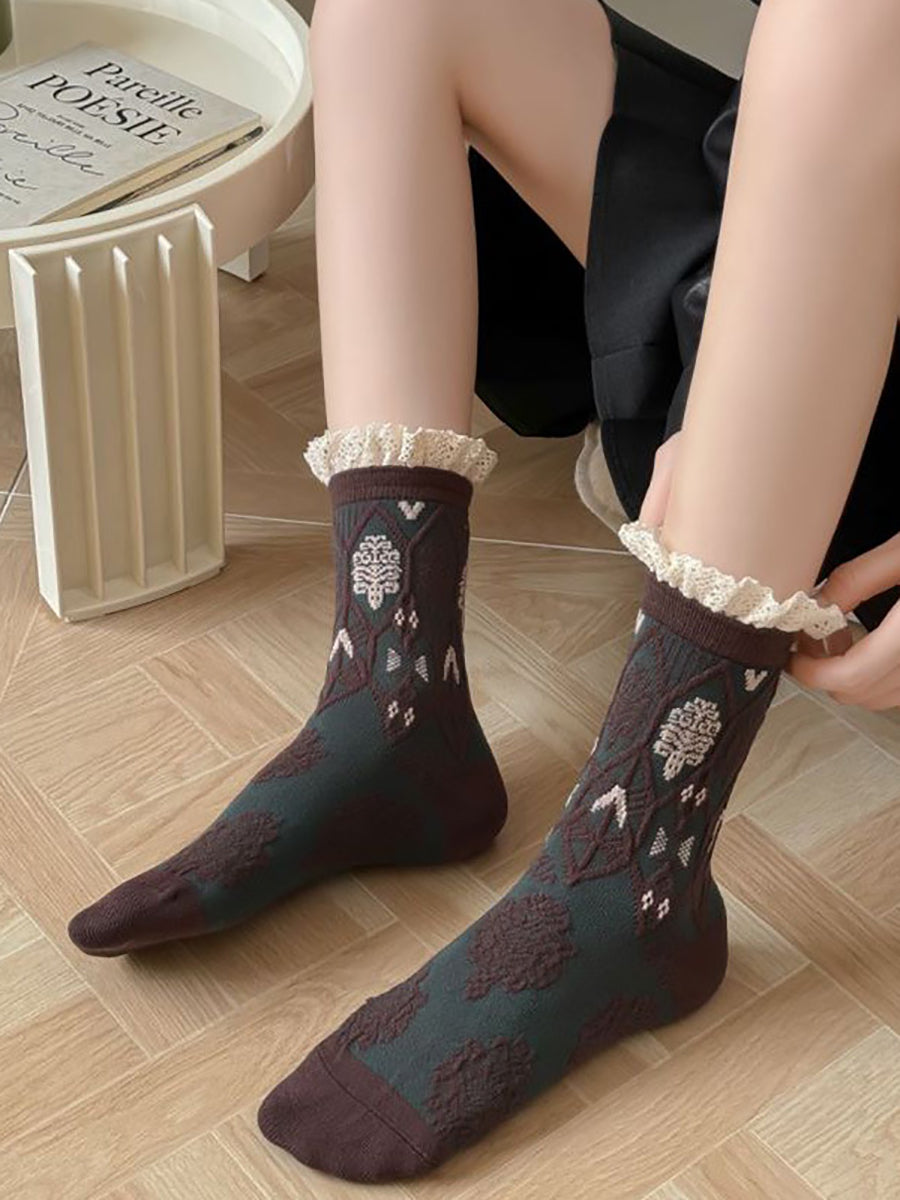 5 Paar Damen Herbst Artsy Flower JAcquard Baumwollsocken QM009