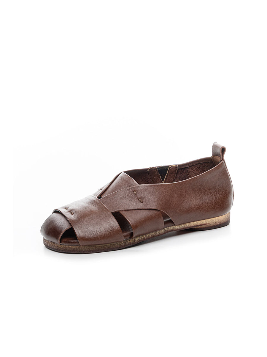 Sandales plates vintage en cuir véritable pour femmes
