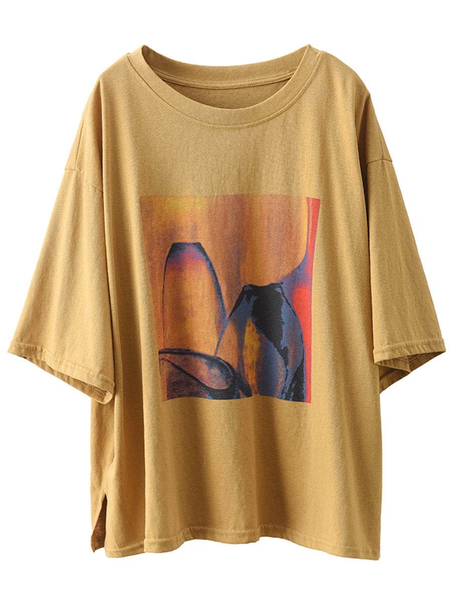 Frauen Sommer Casual Druck O-Ausschnitt Lose Hemd HH042