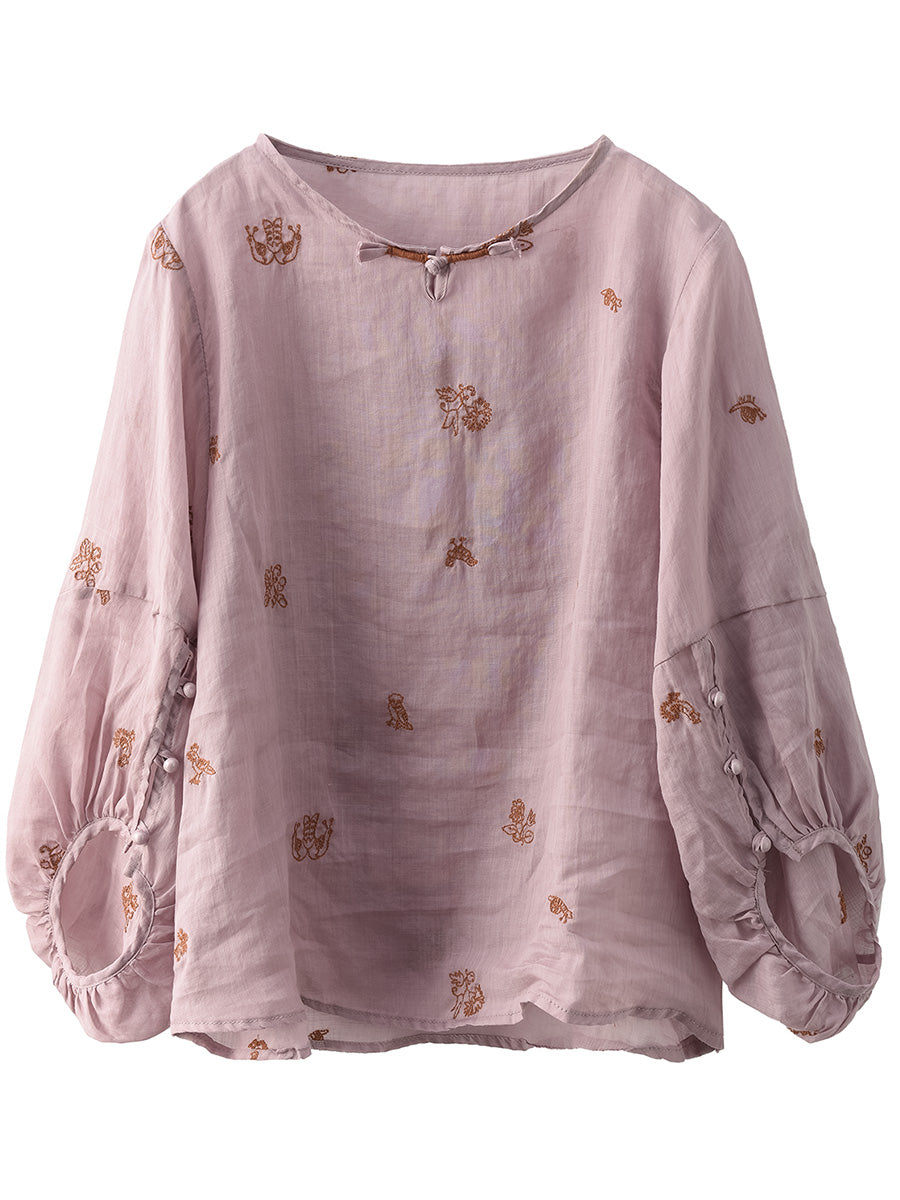 Frauen Sommer Vintage Blume Stickerei Ramie Shirt AA1042