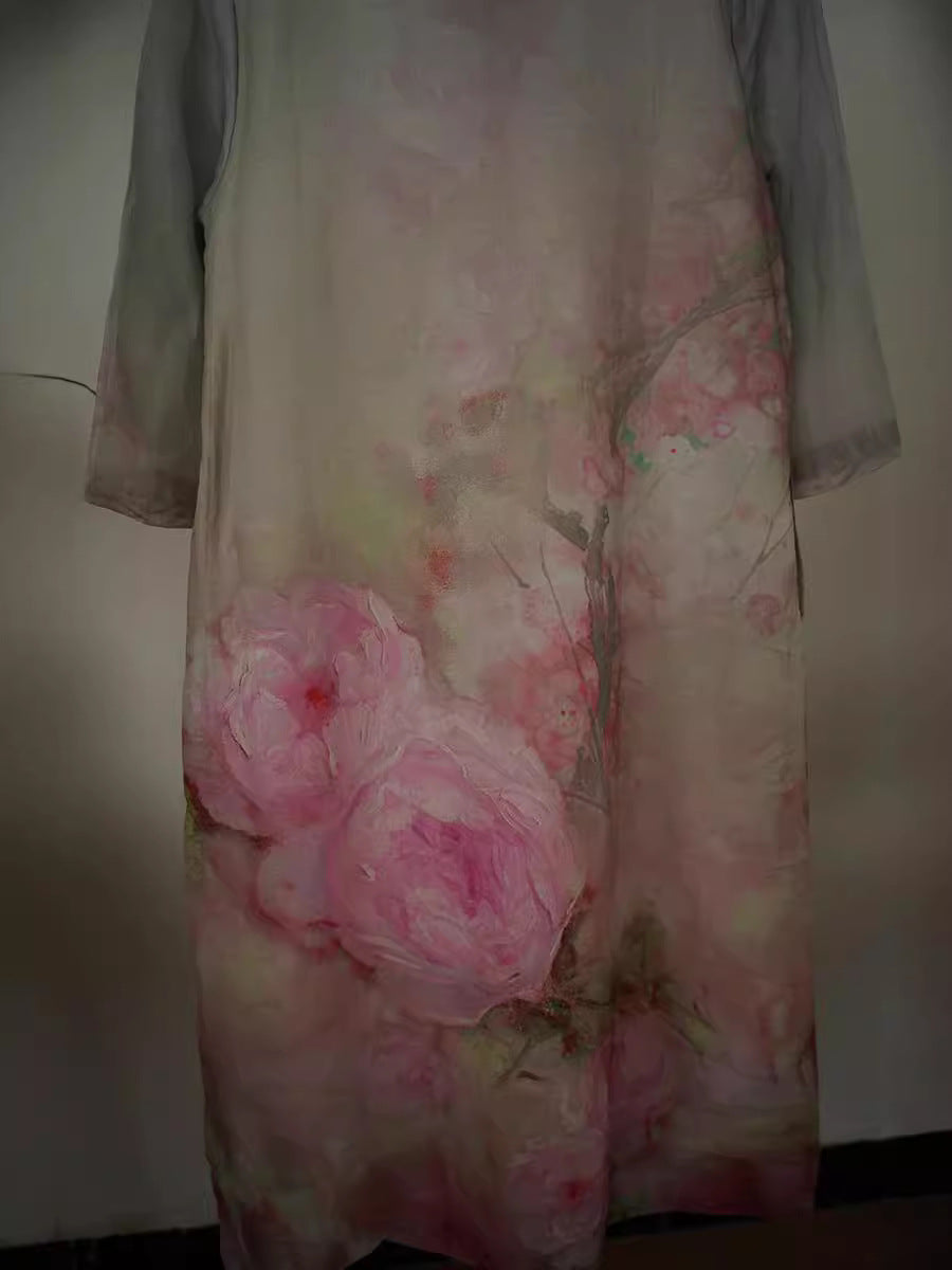 Frauen Artsy Blume Ramie Schnalle Sommer Kleid XX1020