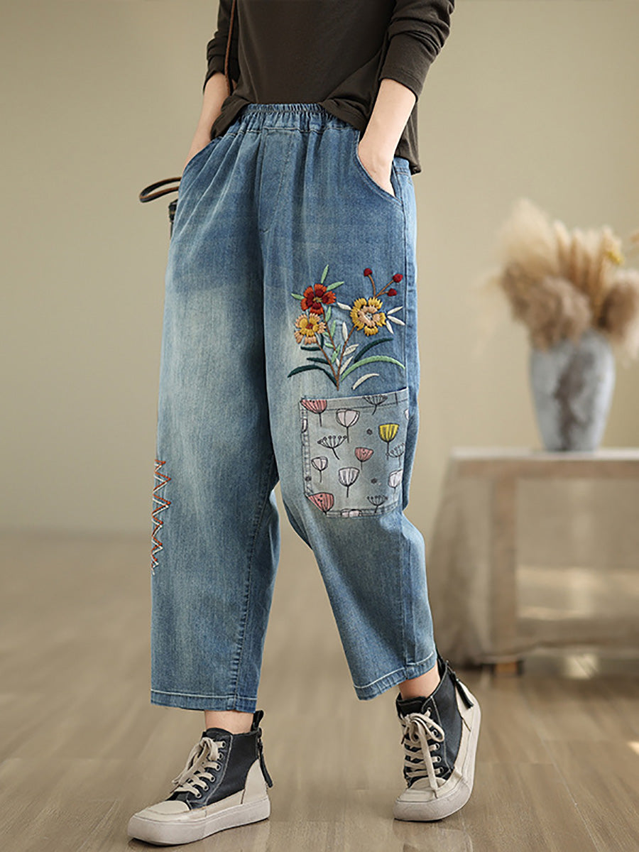 Damen Herbst Artsy Blumenstickerei Denim Haremshose AI1074