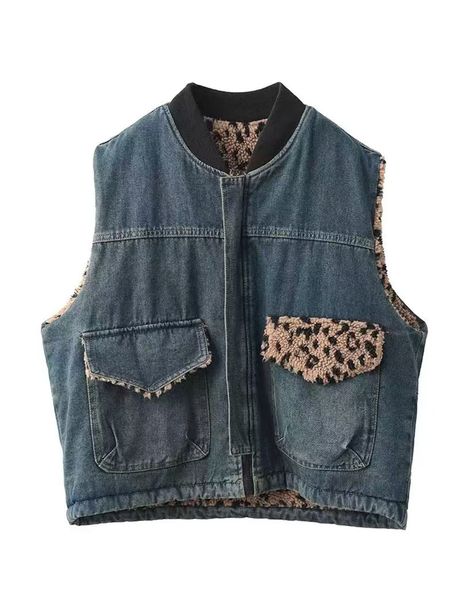 Frauen Herbst Retro Leopard Oansatz Dual-seite Tragen Weste QN008