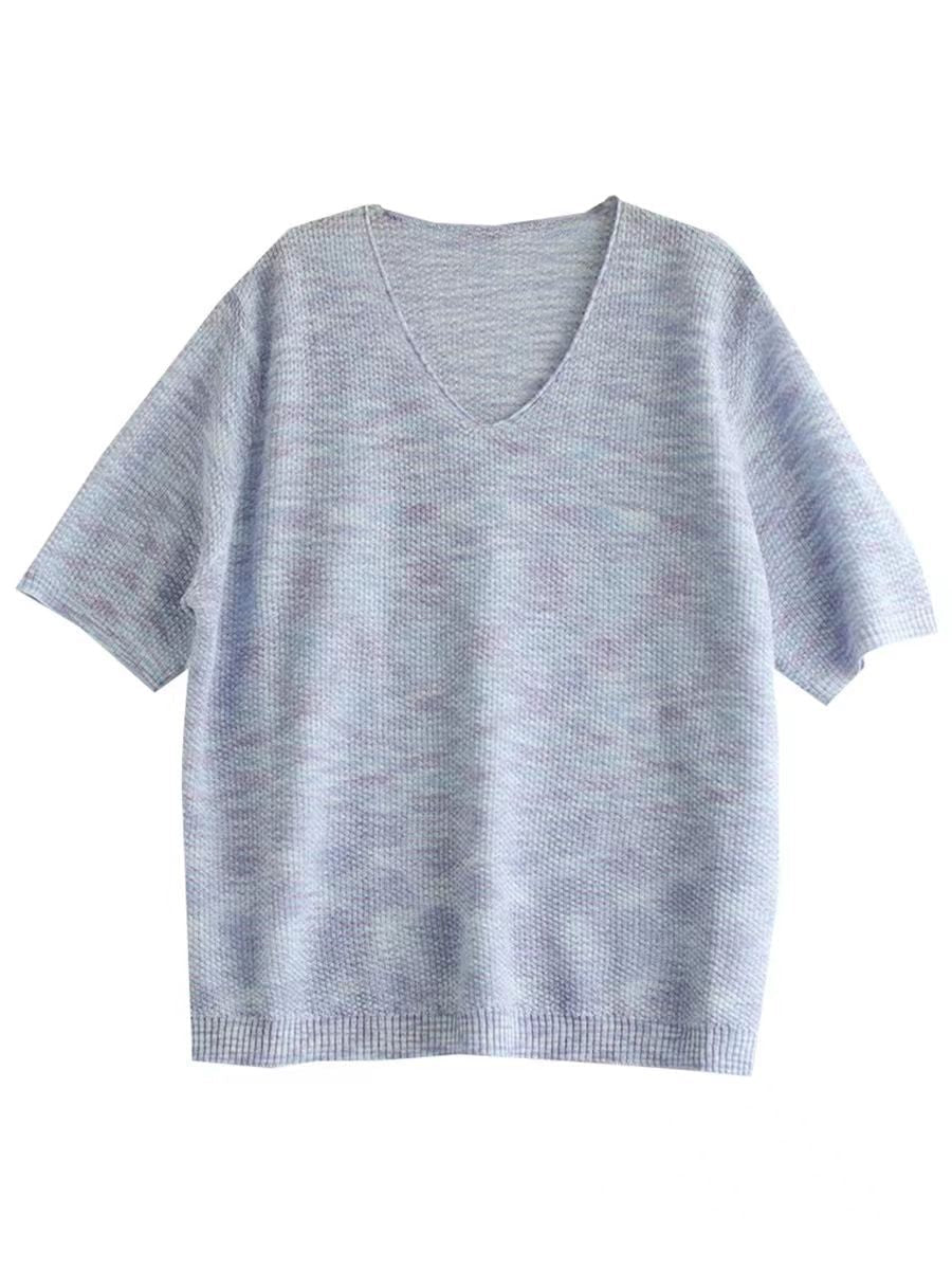Damen Sommer Lässig Gestricktes Leinen V-Ausschnitt Hemd WE1029