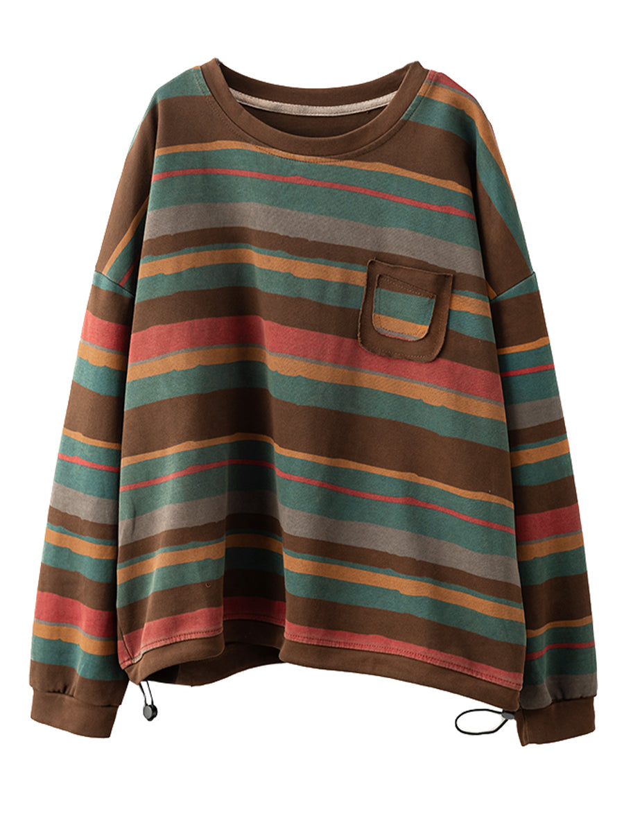 Sweat-shirt décontracté à col rond en coton à rayures colorées pour femme AI1027