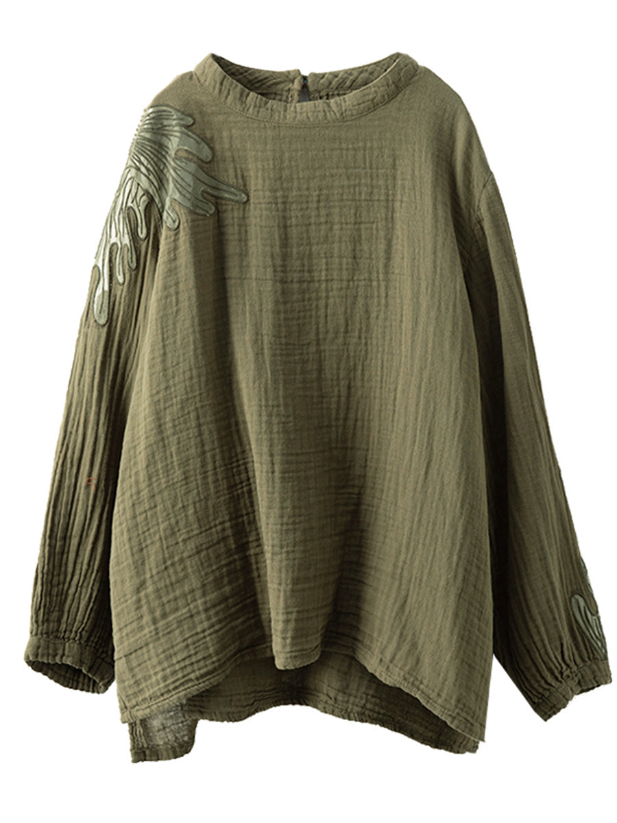 Damen Herbst Artsy Stickerei Stehkragen Baumwollbluse AI1076