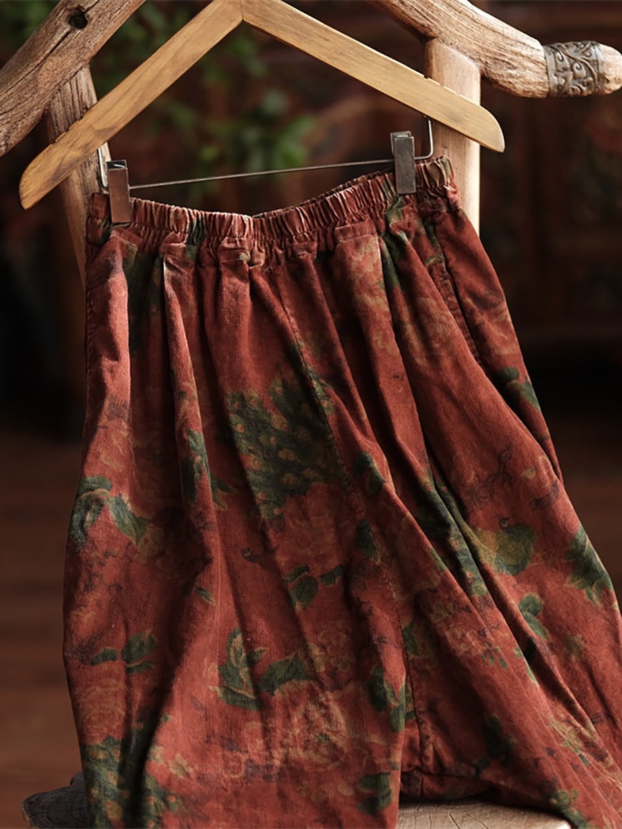 Women Autumn Retro Flower Cotton Wide-leg Pants AS1024