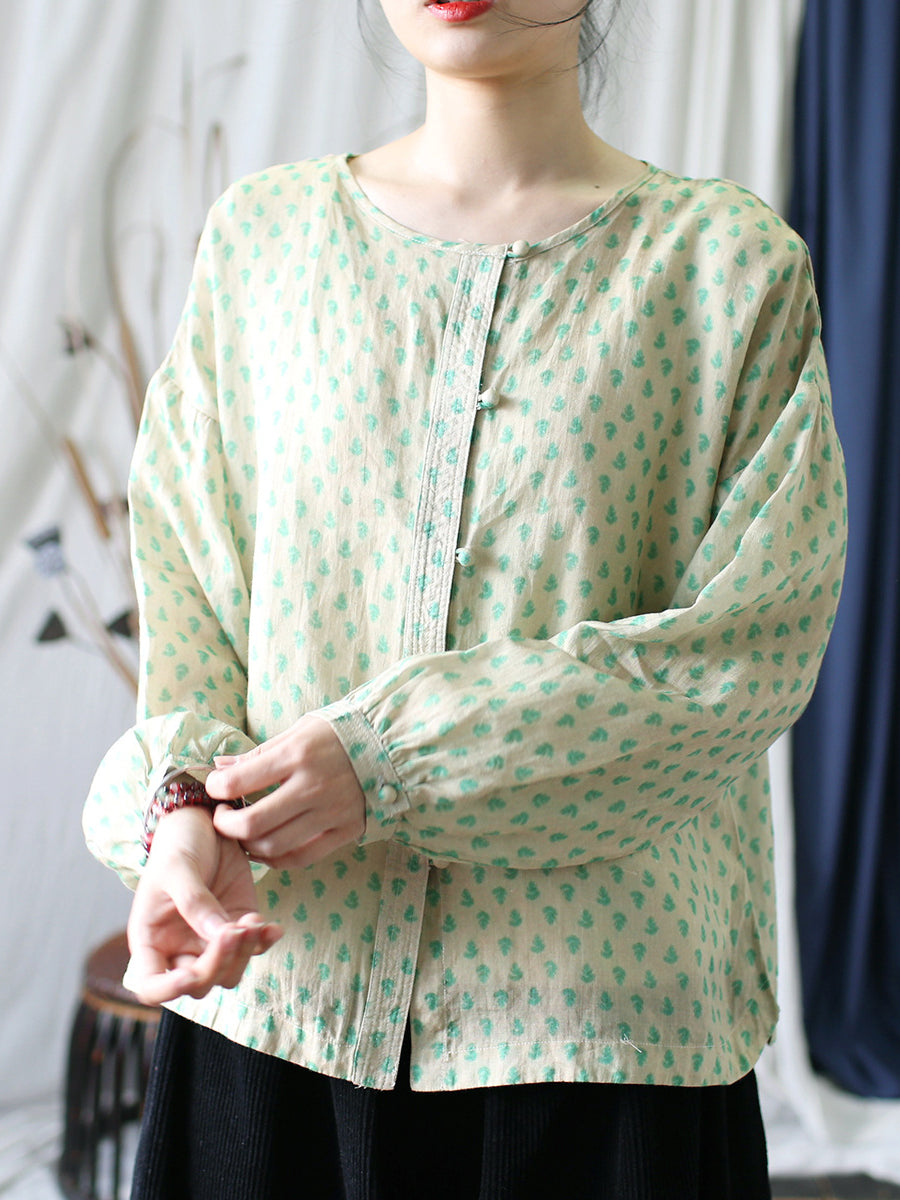 Women Vintage Floral Spring Ramie Button-up Shirt AA1004