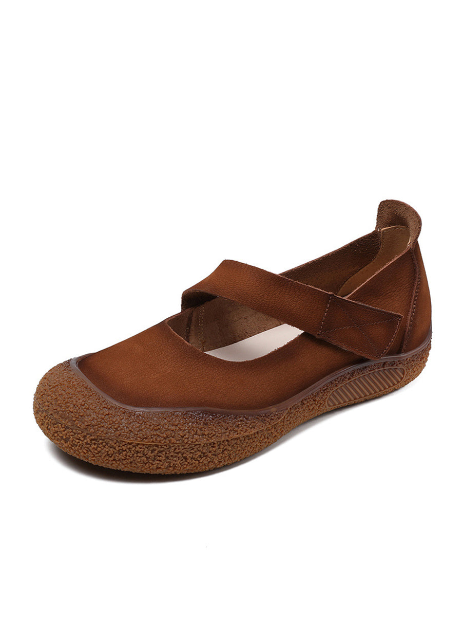 Frauen Sommer Retro Leder solide flache Schuhe QW1019