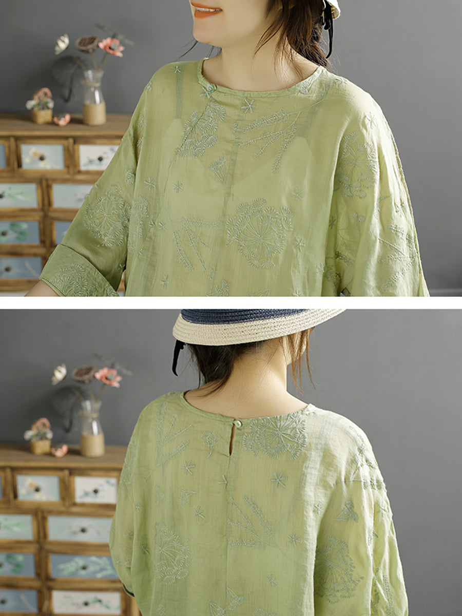 Damen Vintage Stickerei Solid Ramie Shirt AA1012