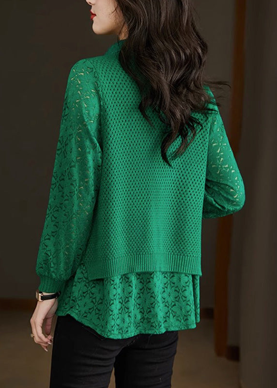 Pull en tricot patchwork en dentelle vert style Peter Pan, deux pièces, automne WD026