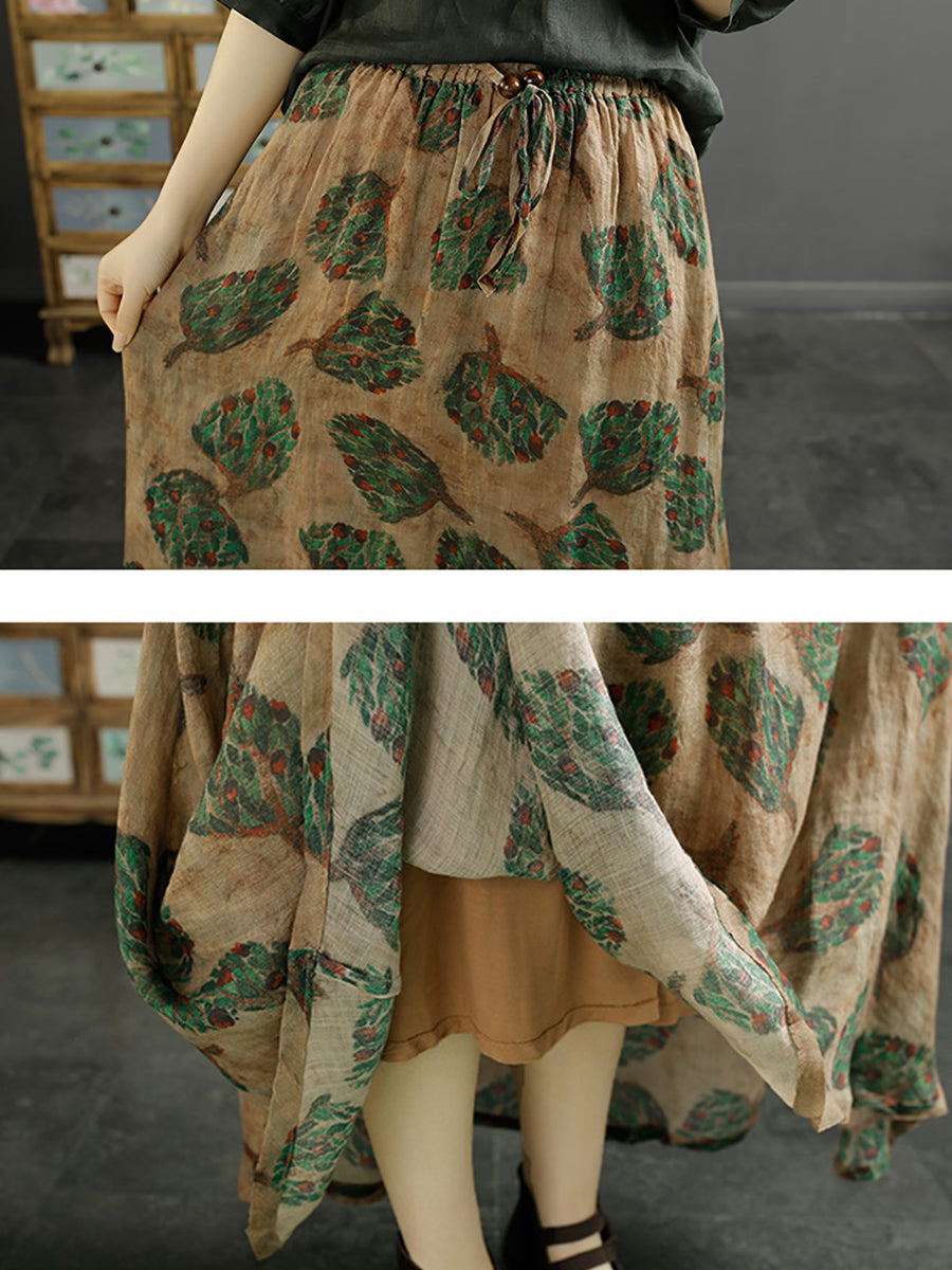 Jupe ample vintage en ramie à motif de feuilles et de fleurs pour femmes SC1042