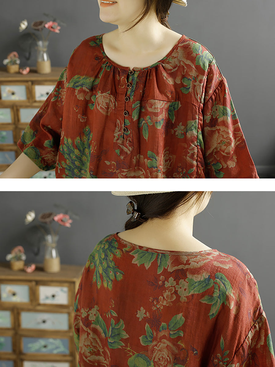 Women Vintage Floral Summer 100%Ramie Loose Shirt XX1051