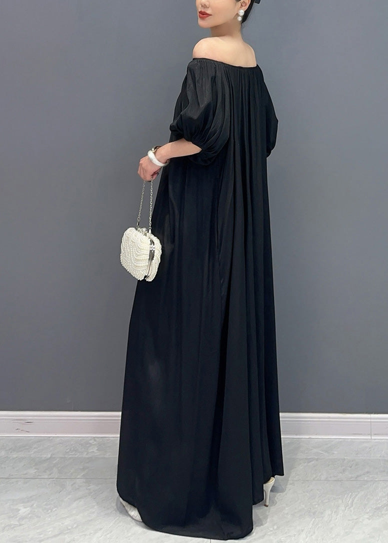 Robe longue simple noire en coton à épaules dénudées et col bateau pour l'été AO1015