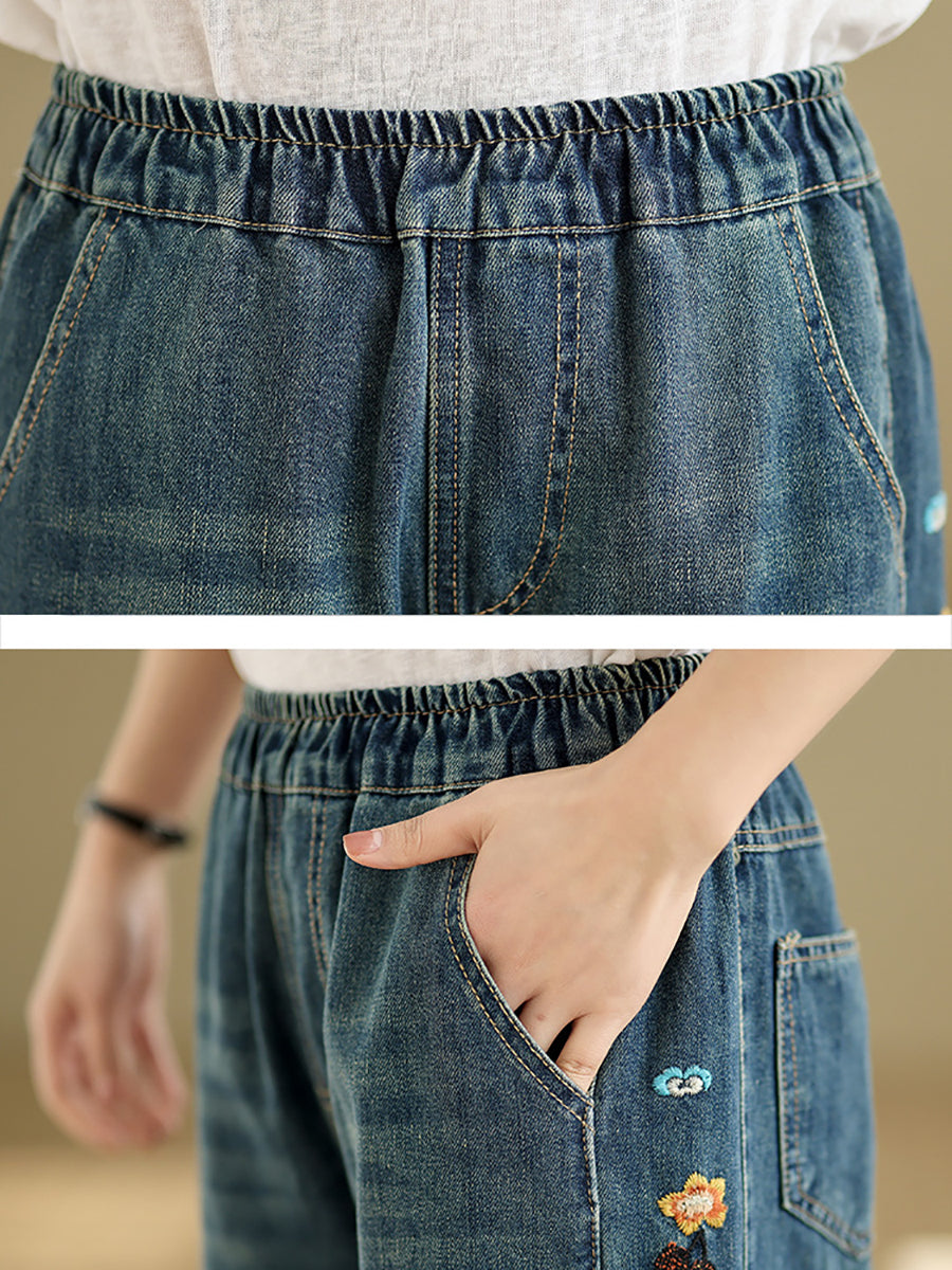 Hosen Stickerei Damen Weites Bein Retro Denim
