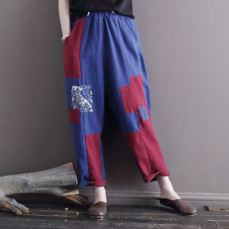 Pantalon en jean patchwork à taille élastique avec poches violettes style automne ML2592