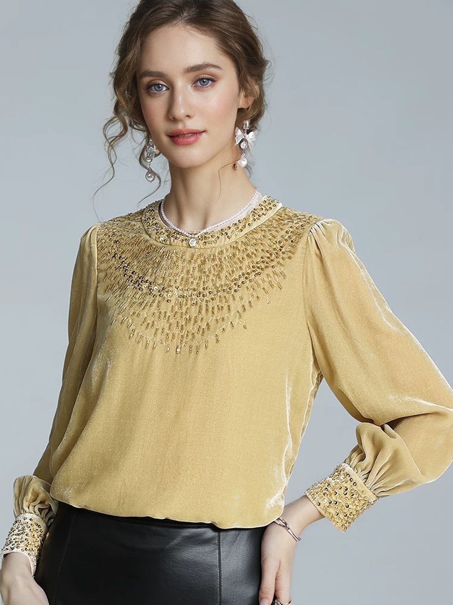 Yellow O Neck Nail Bead Patchwork Silk Velour Top Fall ML1408