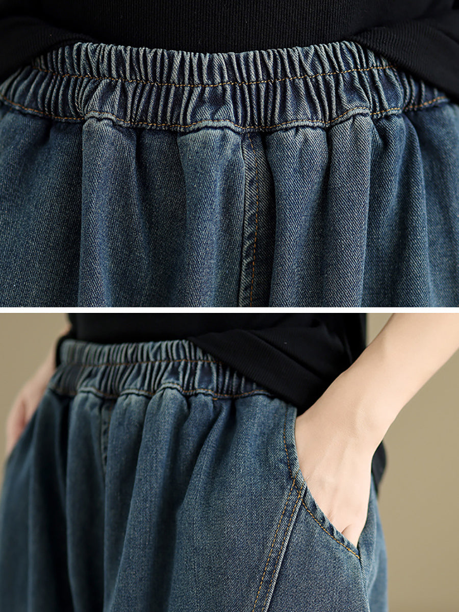 Damen Herbst Vintage Denim Gespleißte Haremshose QU027