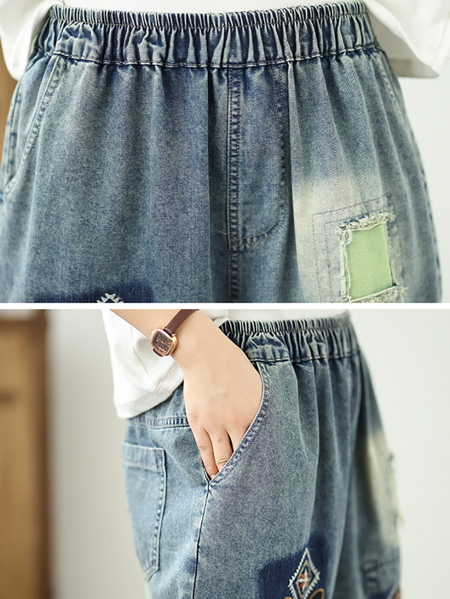 Denim Blume Retro Stickerei Fünfte Frauen Hosen Patchwork