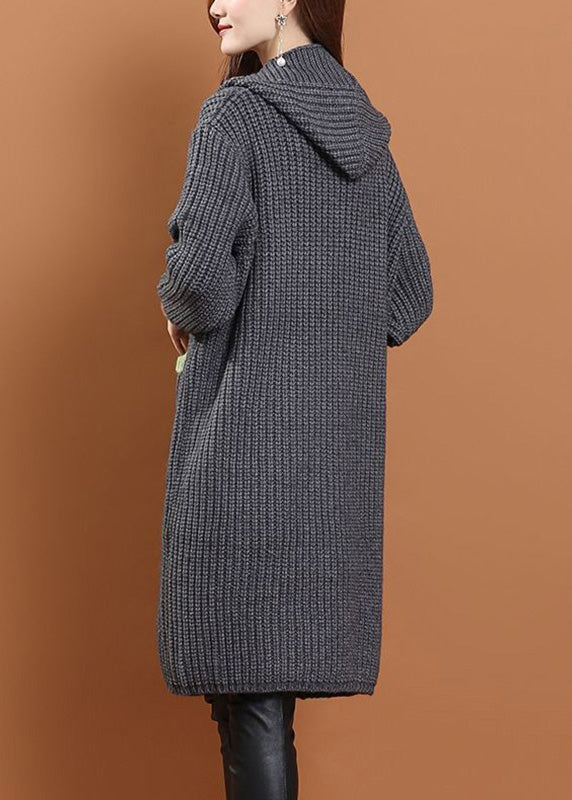 Handgemachte graue Taschen Knopf Baumwolle stricken lange Kapuzen Strickjacken Winter WD027
