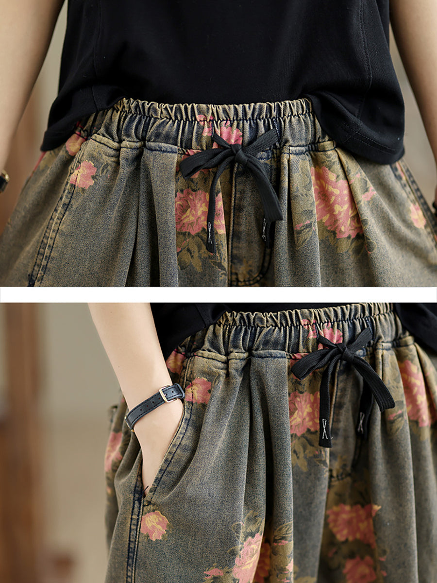 Women Summer Retro Flower Denim Loose Pants II1003