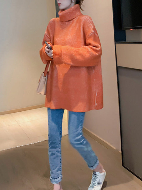 Design Lockerer blauer Pullover mit hohem Kragen und langen Ärmeln in Kontrastfarbe AN1054