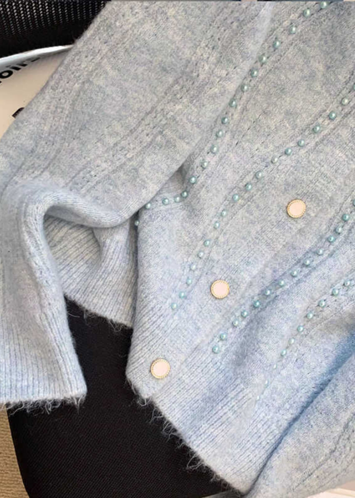 Einzigartige blaue Nagelperlen-Strickjacke aus Baumwolle für den Herbst WD034