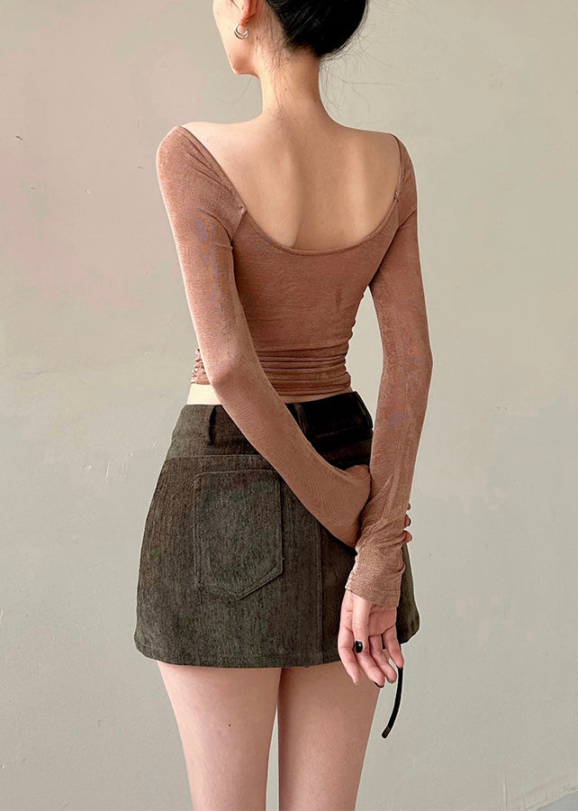 French Brown O Neck Wrinkled Tailliertes T-Shirt Top Herbst AN1003