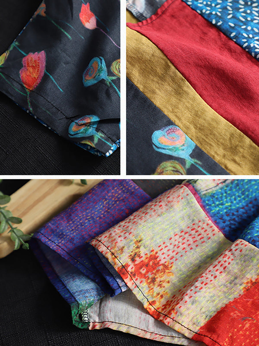 Plus Size Summer Printed Women Floral Loose Linen T-shirt QW1032