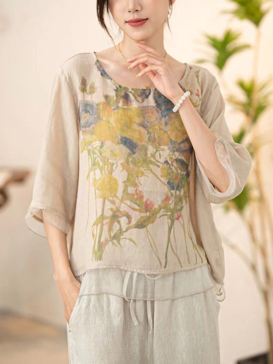 Damen Sommer Vintage Blumen Gespleißtes O-Ausschnitt Shirt XX1034