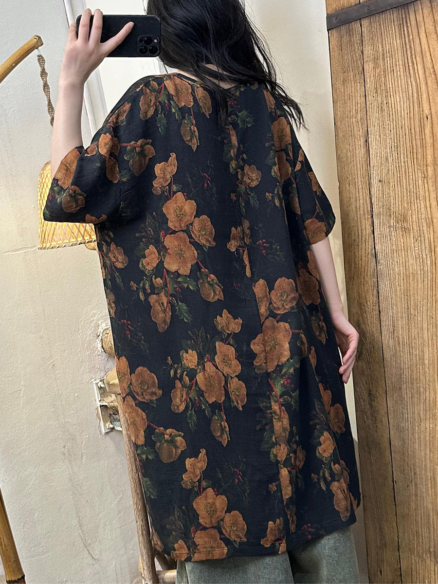 Plus Size Women Summer Retro Flower Cotton Dress XX1061
