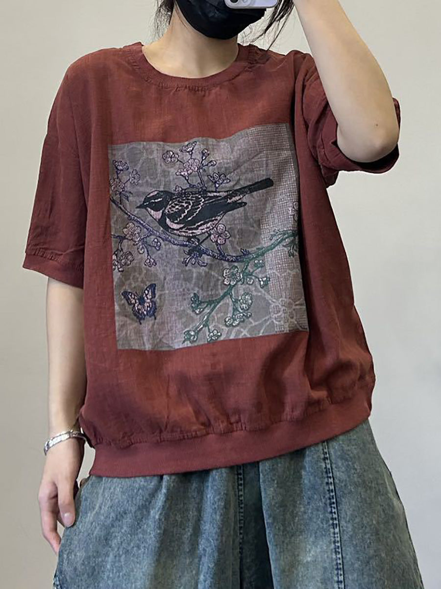 Chemise d'été décontractée en coton à imprimé oiseaux pour femmes AA1052