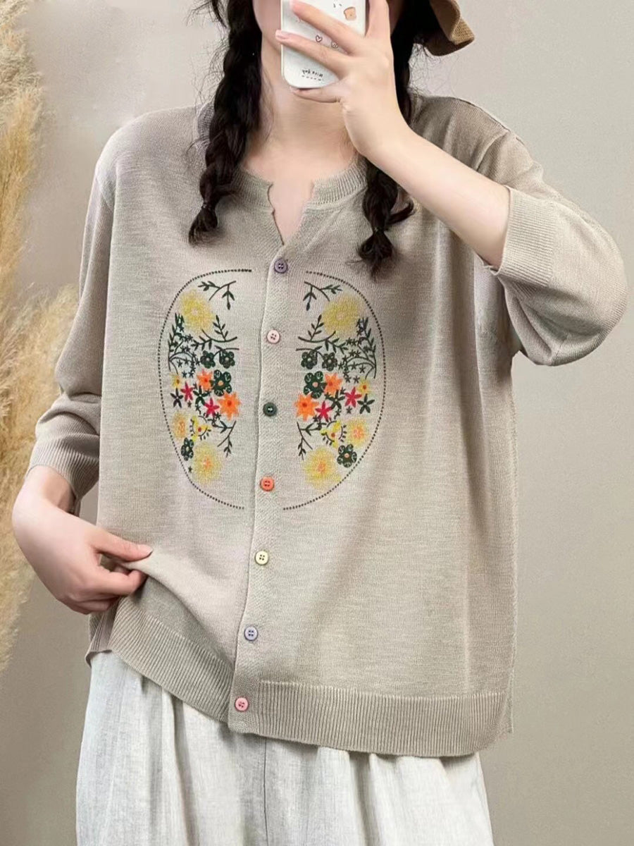 Damen Frühlingsbluse mit Blumenstickerei und Knopfleiste QW1025