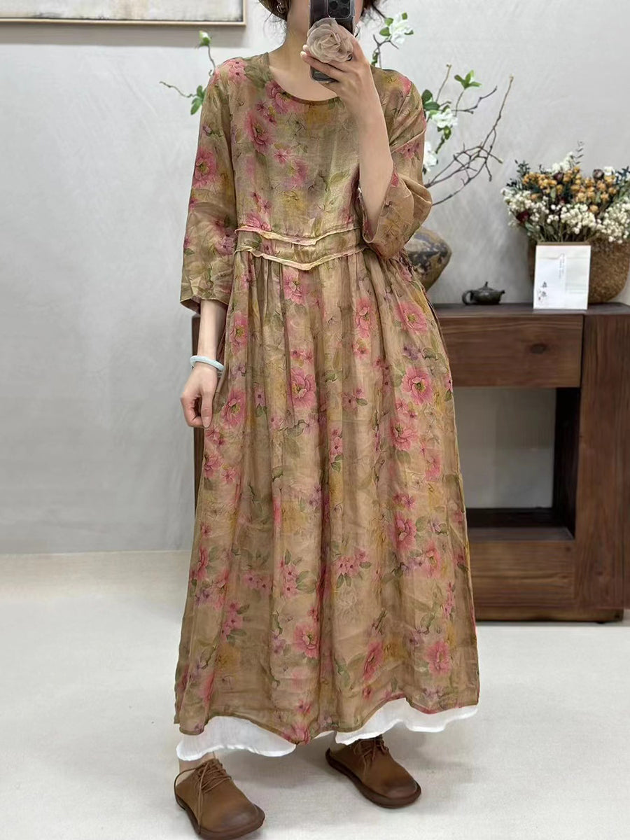Women Summer Retro Spliced Flower Ramie Dress WE1016