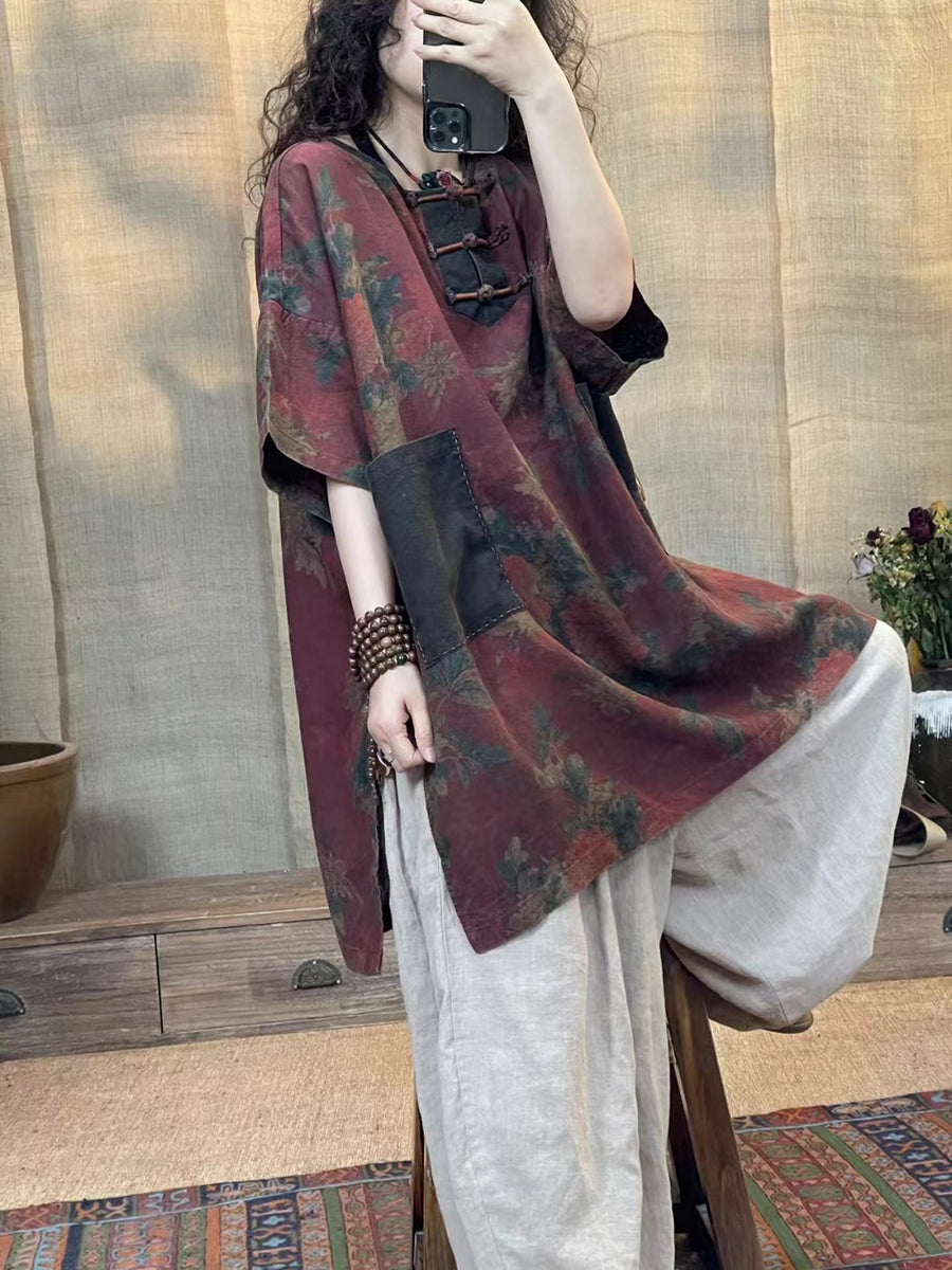 Damen Sommer Vintage Blumen Gespleißt Schnalle Leinen Hemd IO1013