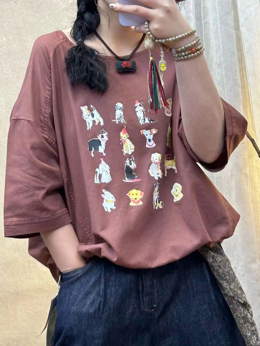 Damen Sommer Casual Niedlichen Hunde Druck Baumwolle Shirt IO1004