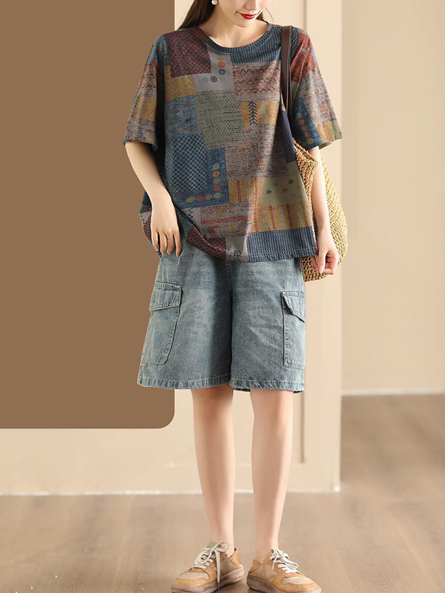 Women Summer Vintage Spliced O-Neck Cotton Shirt AS1027