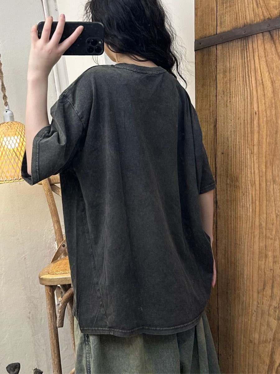 Damen Sommer Vintage Print Baumwolle Pullover Shirt AS1004