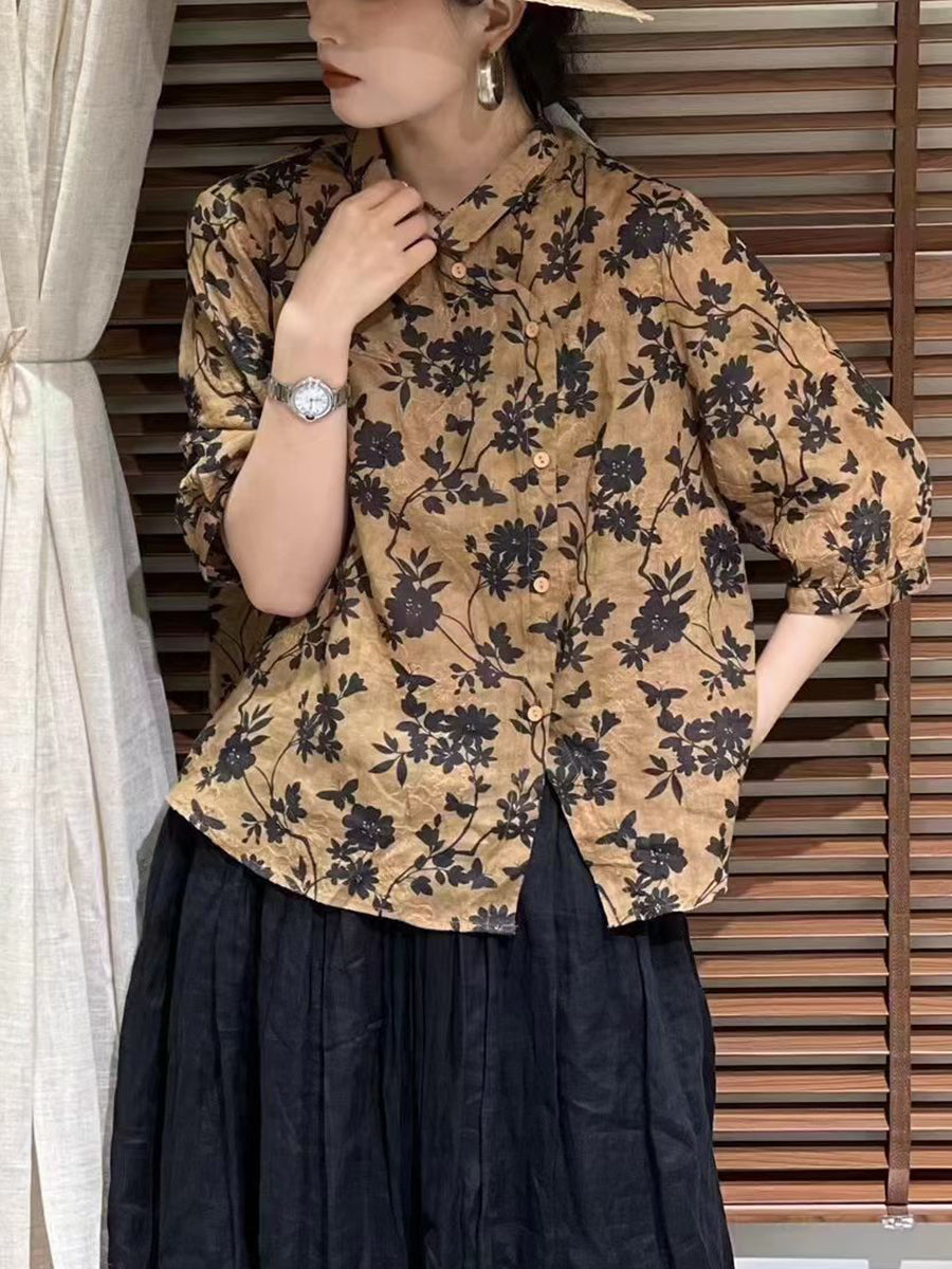 Damen Sommer Vintage Blumen Schräg Button-up Ramie Shirt ZZ1026