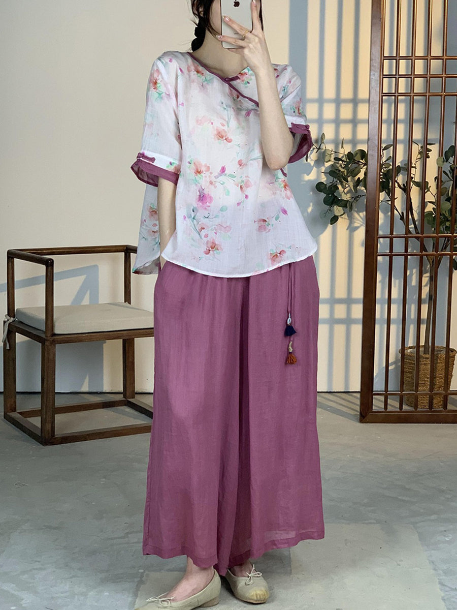 Damen Sommerhemd mit Blumenmuster und Knopfleiste aus Ramie OO1012