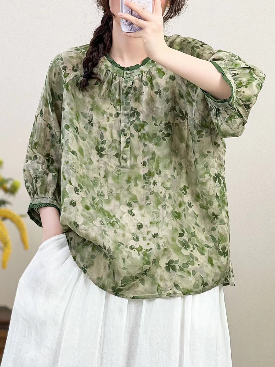 Frauen Sommer Artsy Blume O-Ausschnitt Ramie Shirt HH011