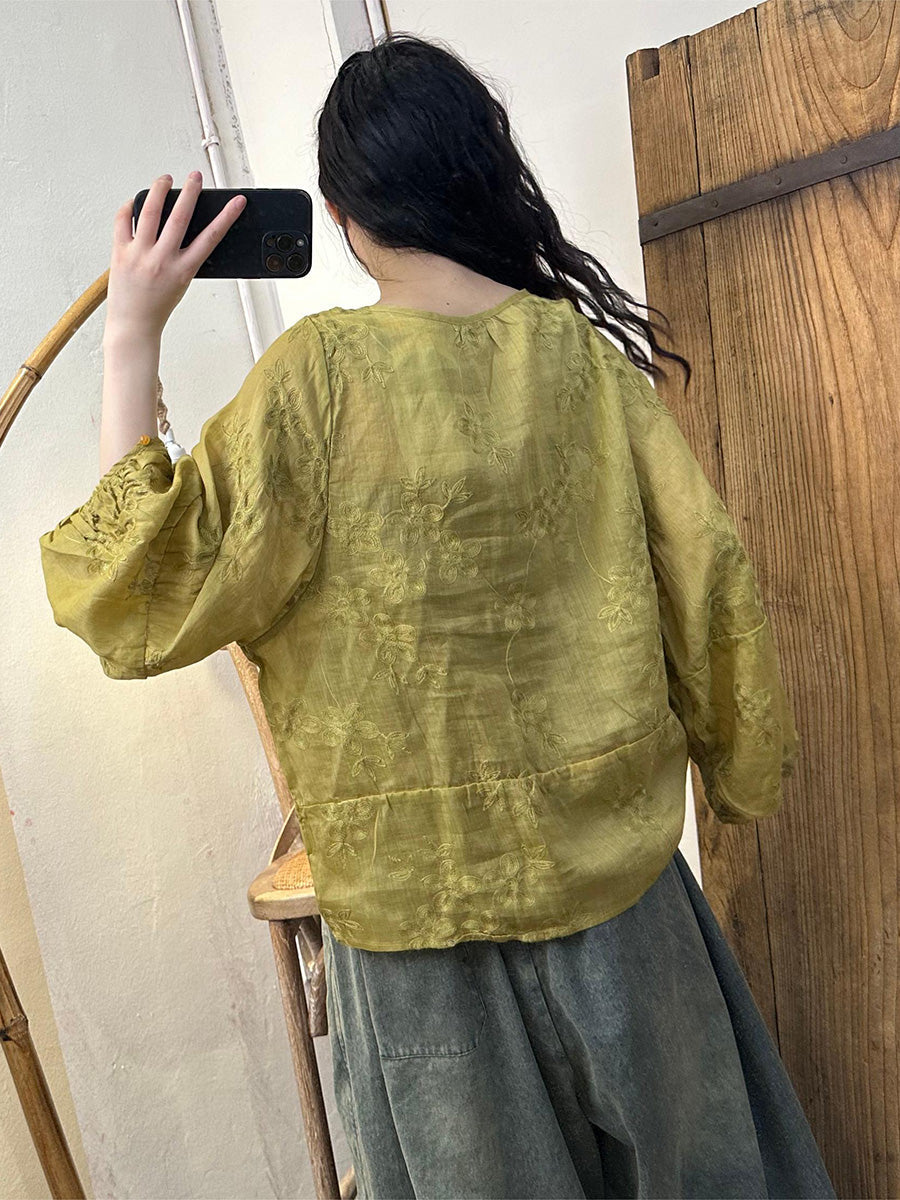 Damen Sommer Blumen Stickerei Träger Ramie Shirt CC041